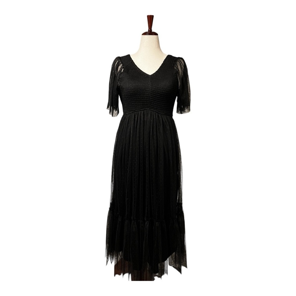 NWT Black Dress Day Dotted Tulle Smocked Maternity Midi Dress Size L